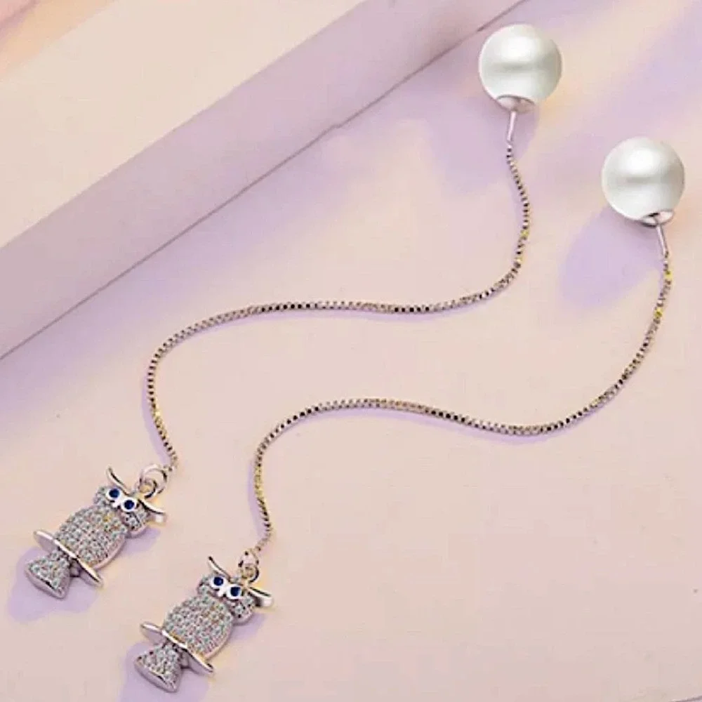 Sterling Silver Owl, Pearl Long Earrings